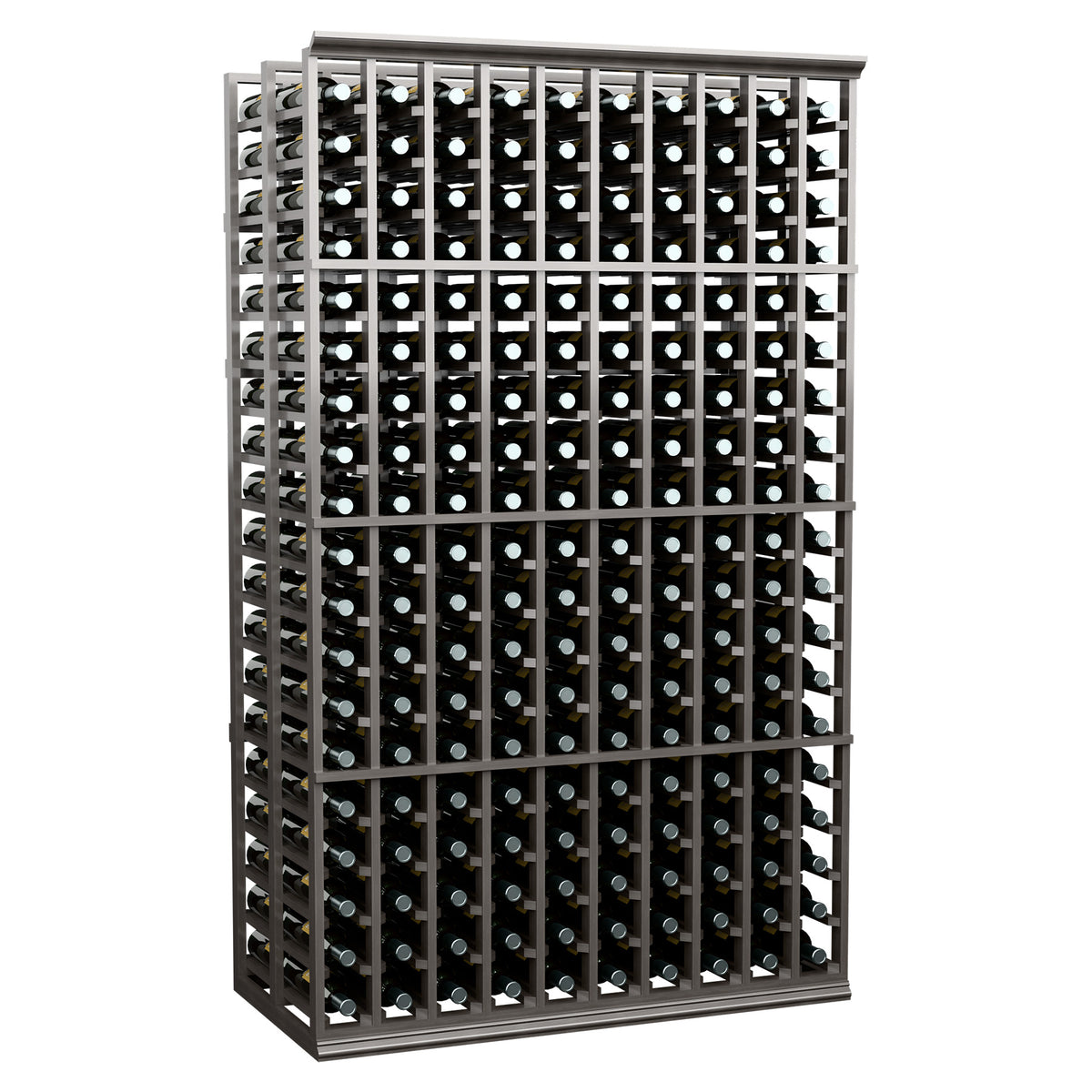 Double-deep wine bottle rack, black frame holding bottles in grid rows