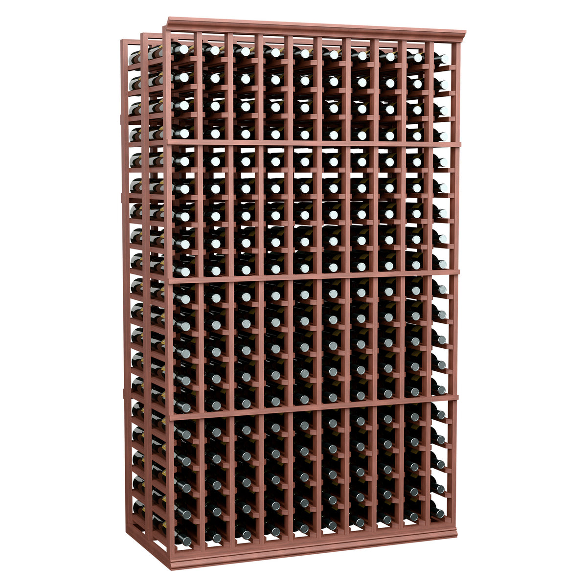 Double-deep wine bottle rack, brown wooden frame with bottle storage rows