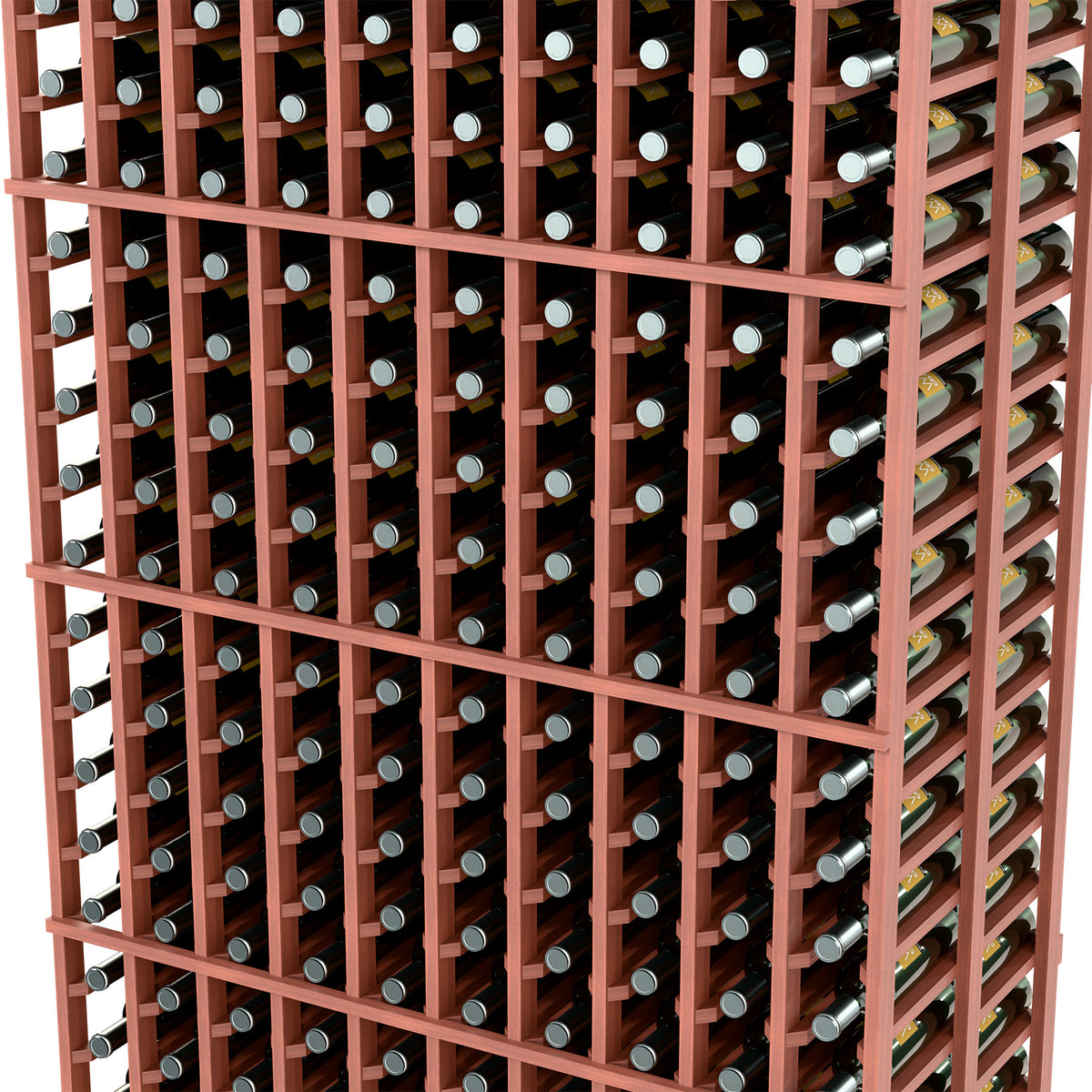 Wine bottle rack close-up with brown dividers and bottle slots