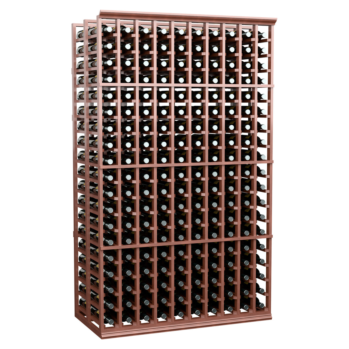 Double-deep wine bottle rack, brown frame with bottles in neat grid rows