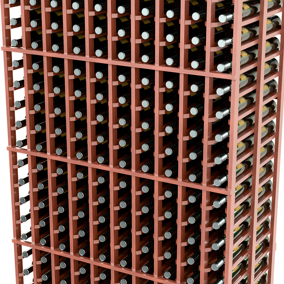 Wine bottle rack detail with brown rails and bottle storage compartments