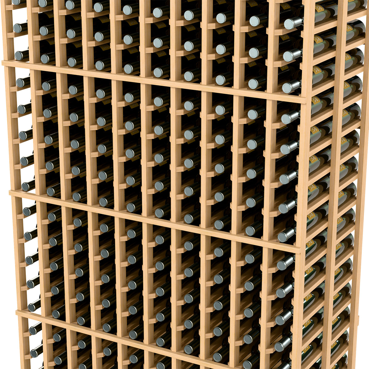 Wine bottle rack close-up with light wood dividers and bottle slots