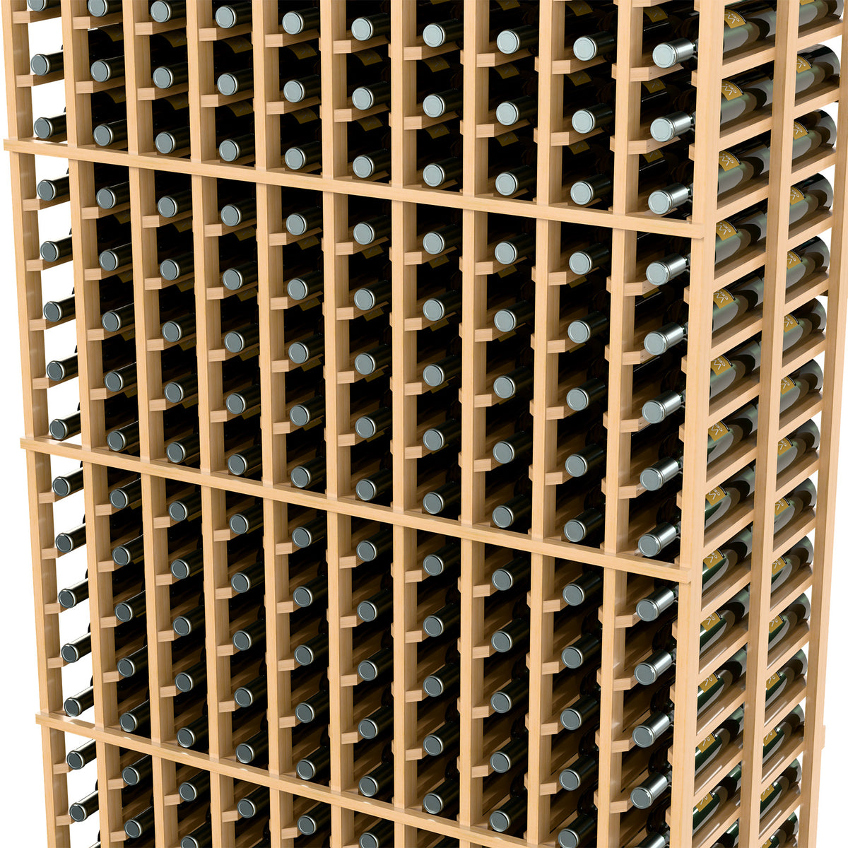 Light wood wine rack close-up showing grid of bottle slots and dividers