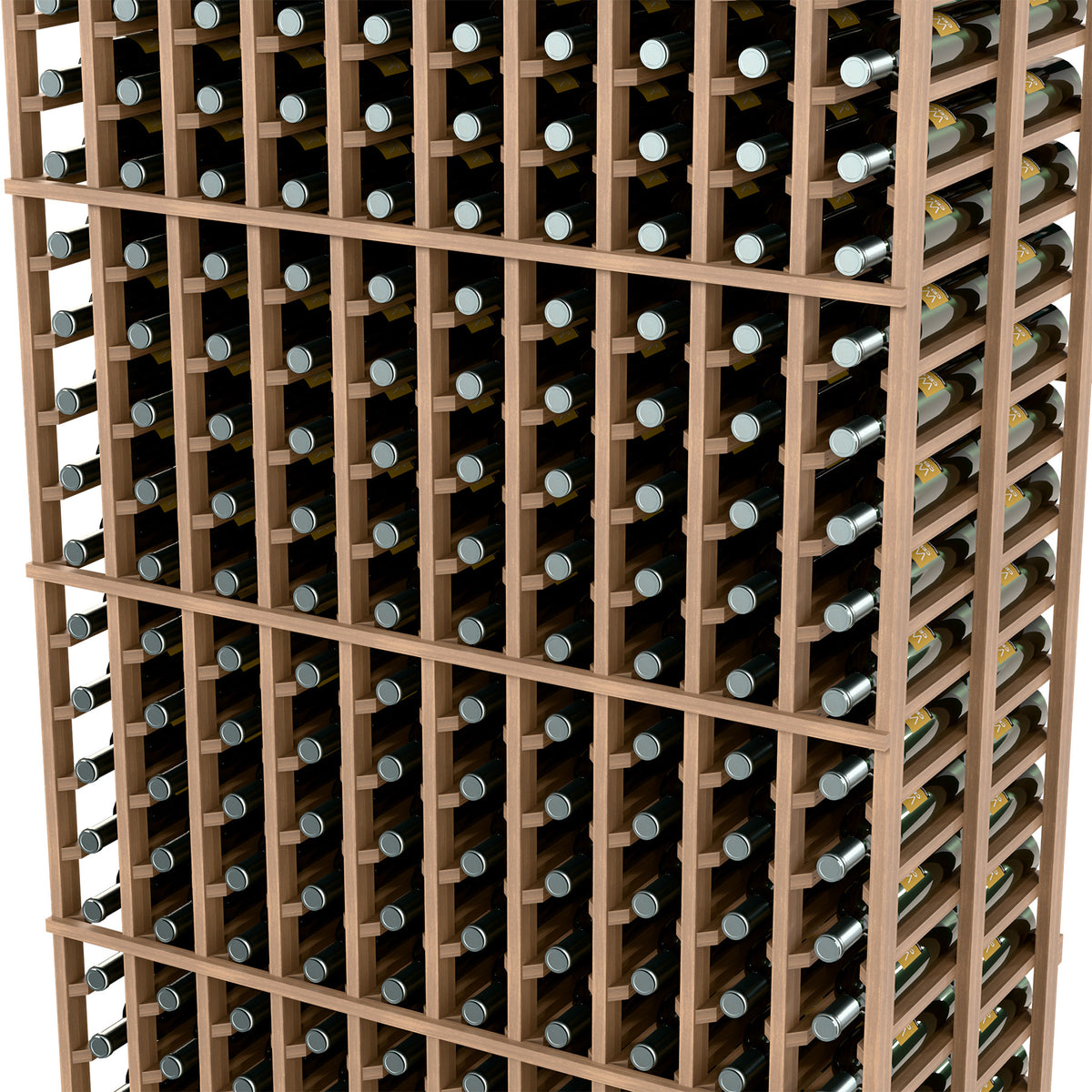 Light wood wine rack close-up with evenly spaced bottle slots
