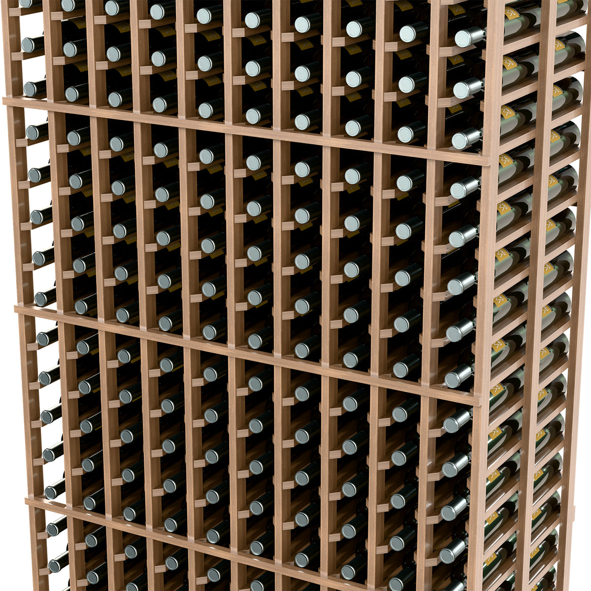 Light wood wine rack close-up with bottle slots and back row openings