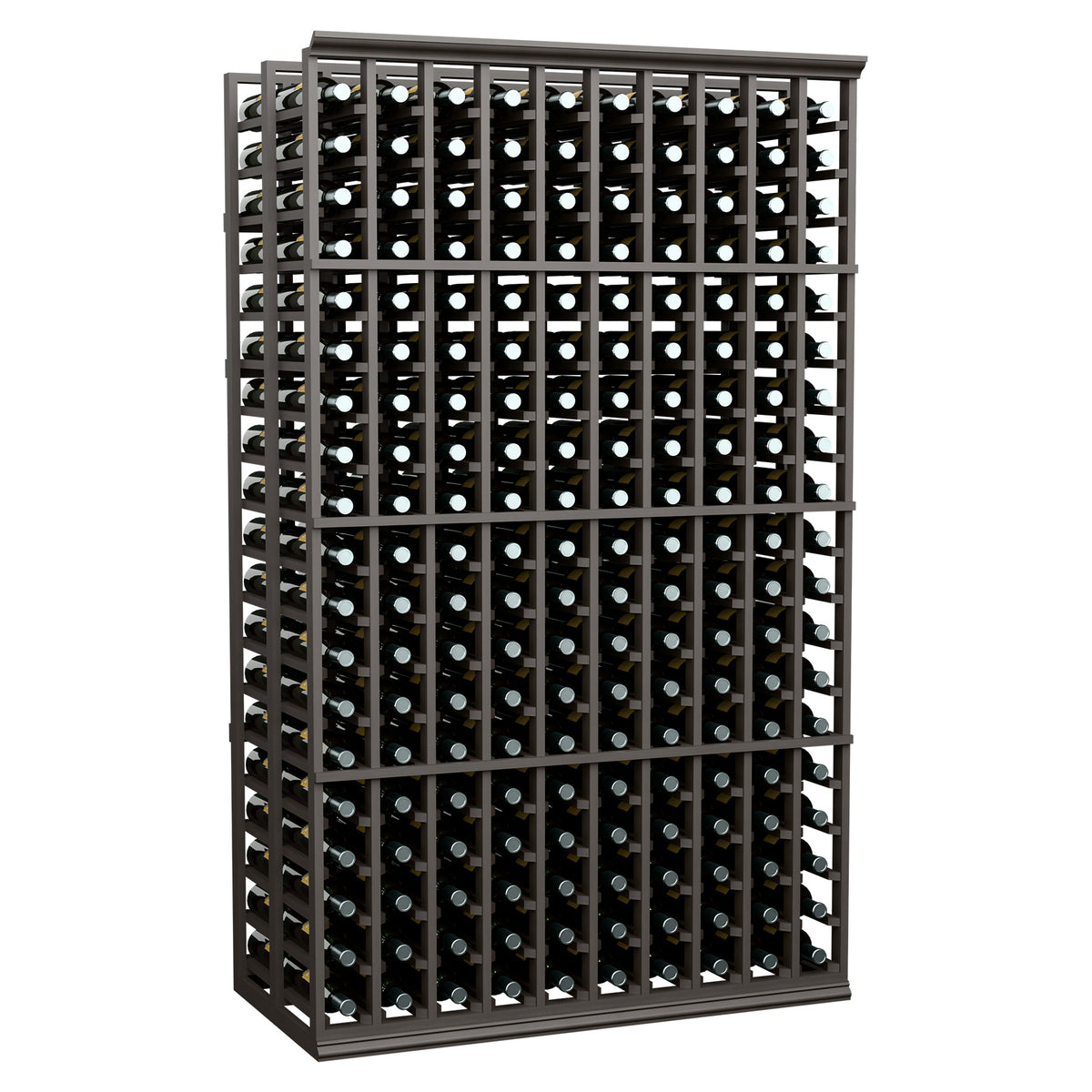 Dark wood double-deep wine rack with 10 rows of bottle slots