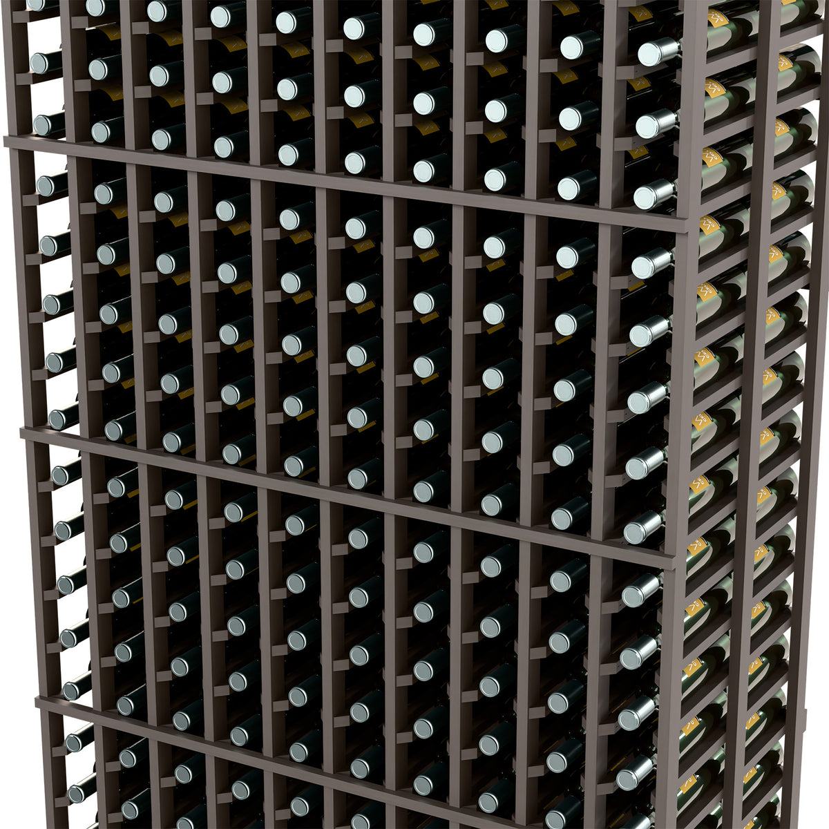 Dark wood wine rack close-up showing grid of bottle slots and dividers