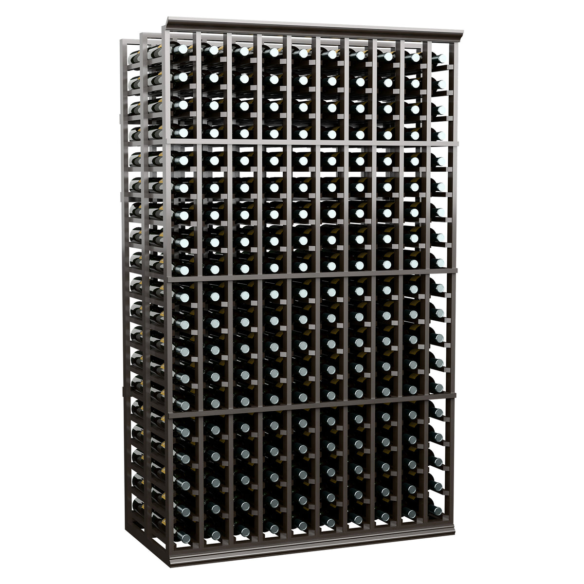 Dark wood double-deep wine rack with front view of bottle storage holes