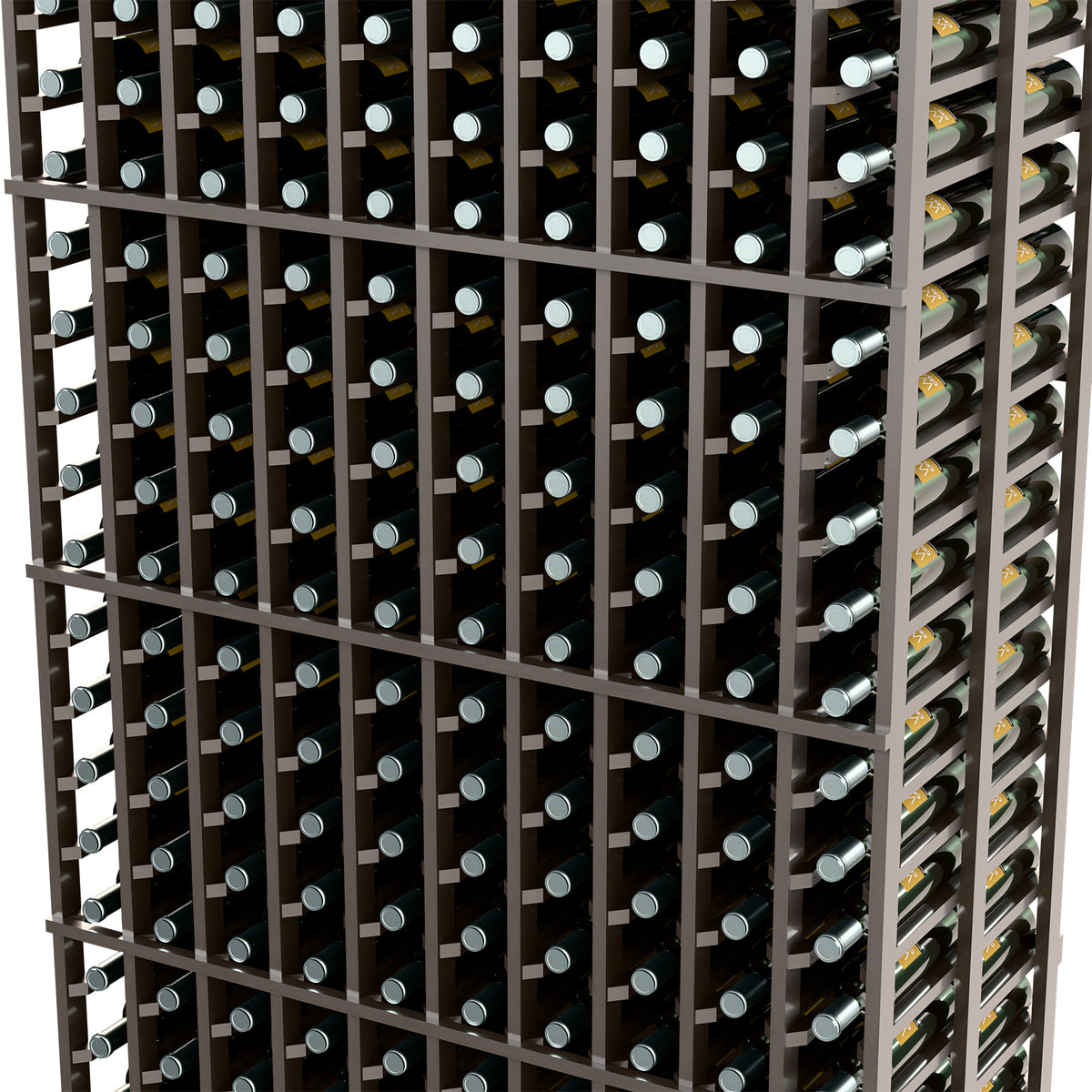 Dark wood wine rack close-up with evenly spaced bottle slots