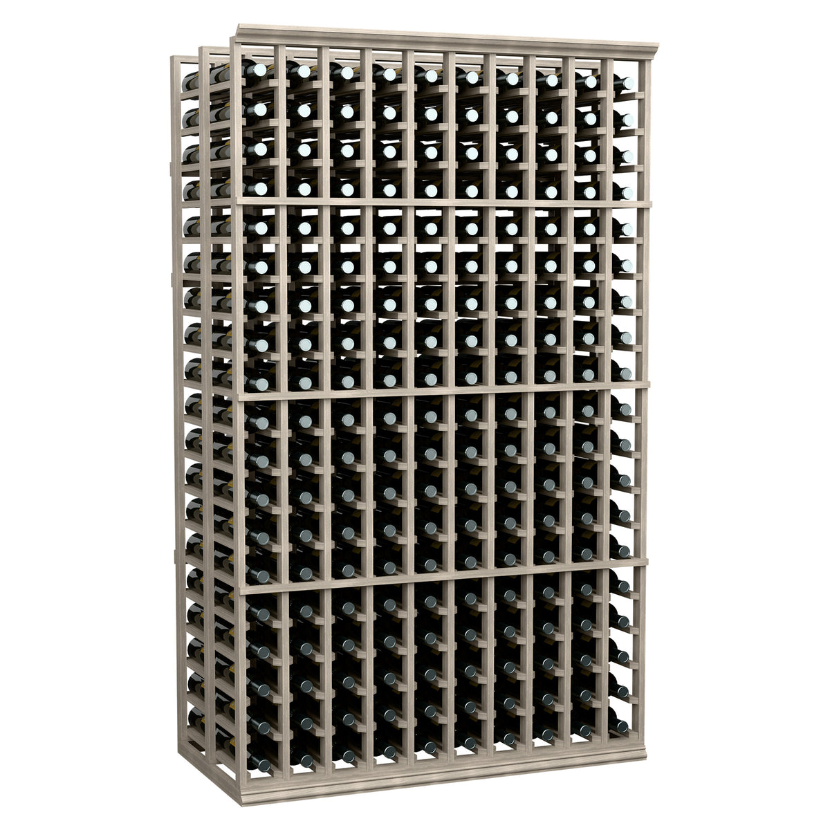 Double deep wine bottle rack with 10 columns, dark wood frame and bottle sleeves