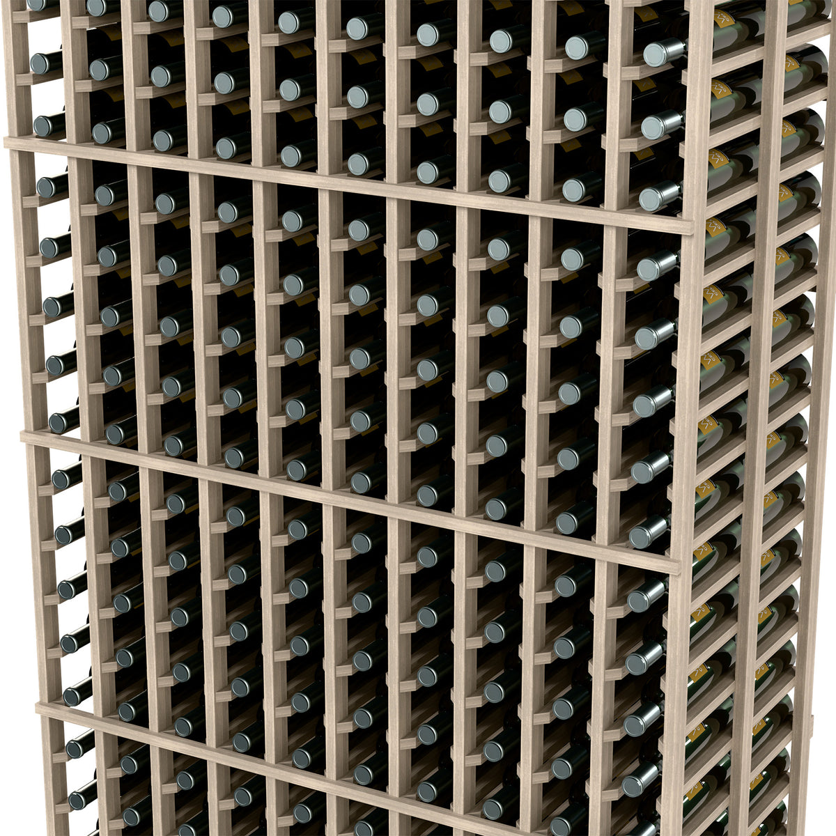 Close-up of double deep wine bottle rack with 10 columns, light wood grid and bottles