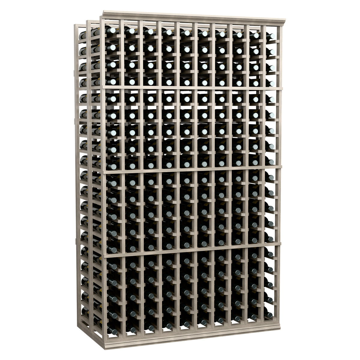 Double deep wine bottle rack with 10 columns, dark wood frame and filled bottle slots