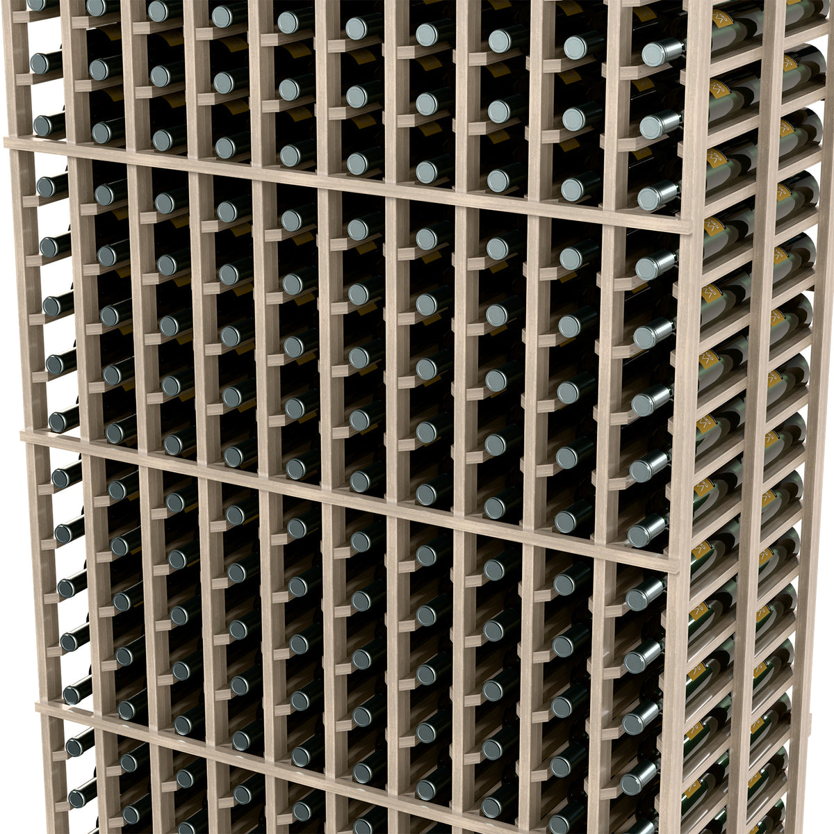 Close-up view of 10-column double deep wine rack, light wood posts and bottle caps