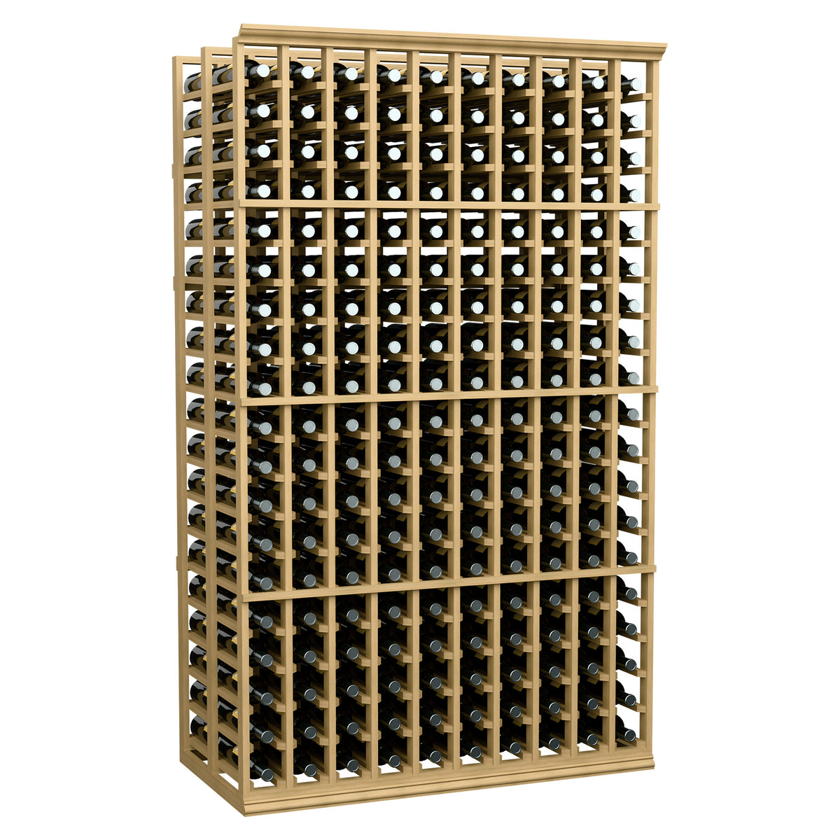 10-column double deep wine bottle rack, light wood frame with bottle storage rows