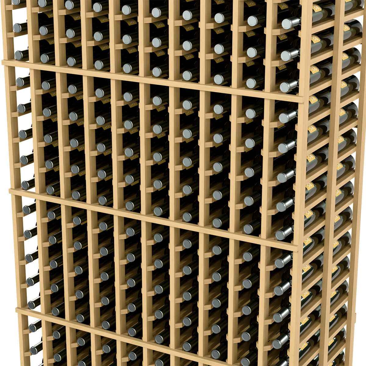 Close-up of a 10-column double deep wine rack, pale wood grid and bottle rows