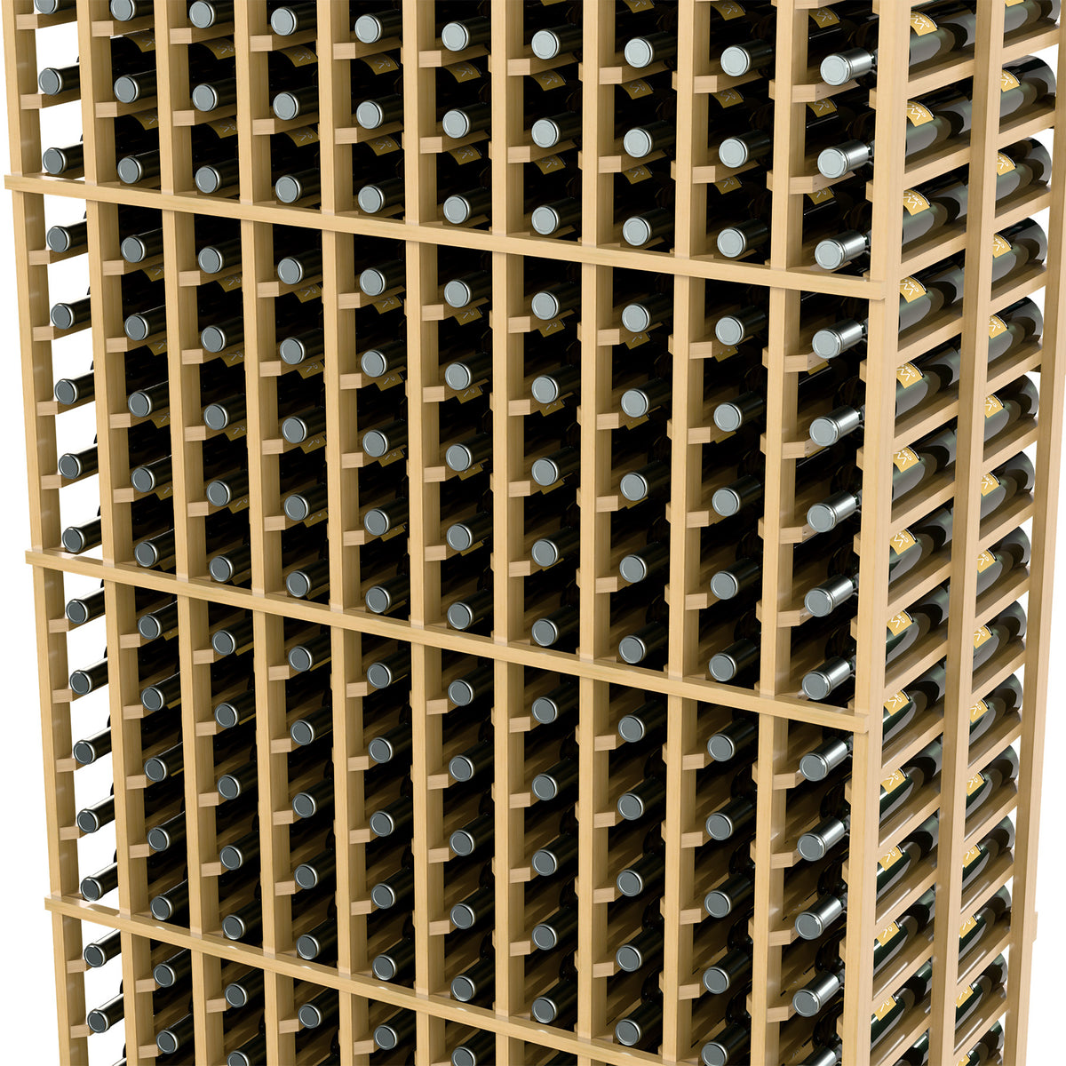 Close-up of 10-column double deep wine rack, light wood framework and bottle sleeves
