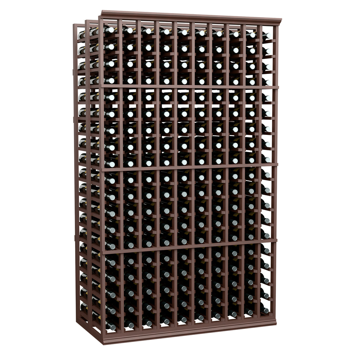 10-column double deep wine bottle rack, dark brown wood frame with bottle slots