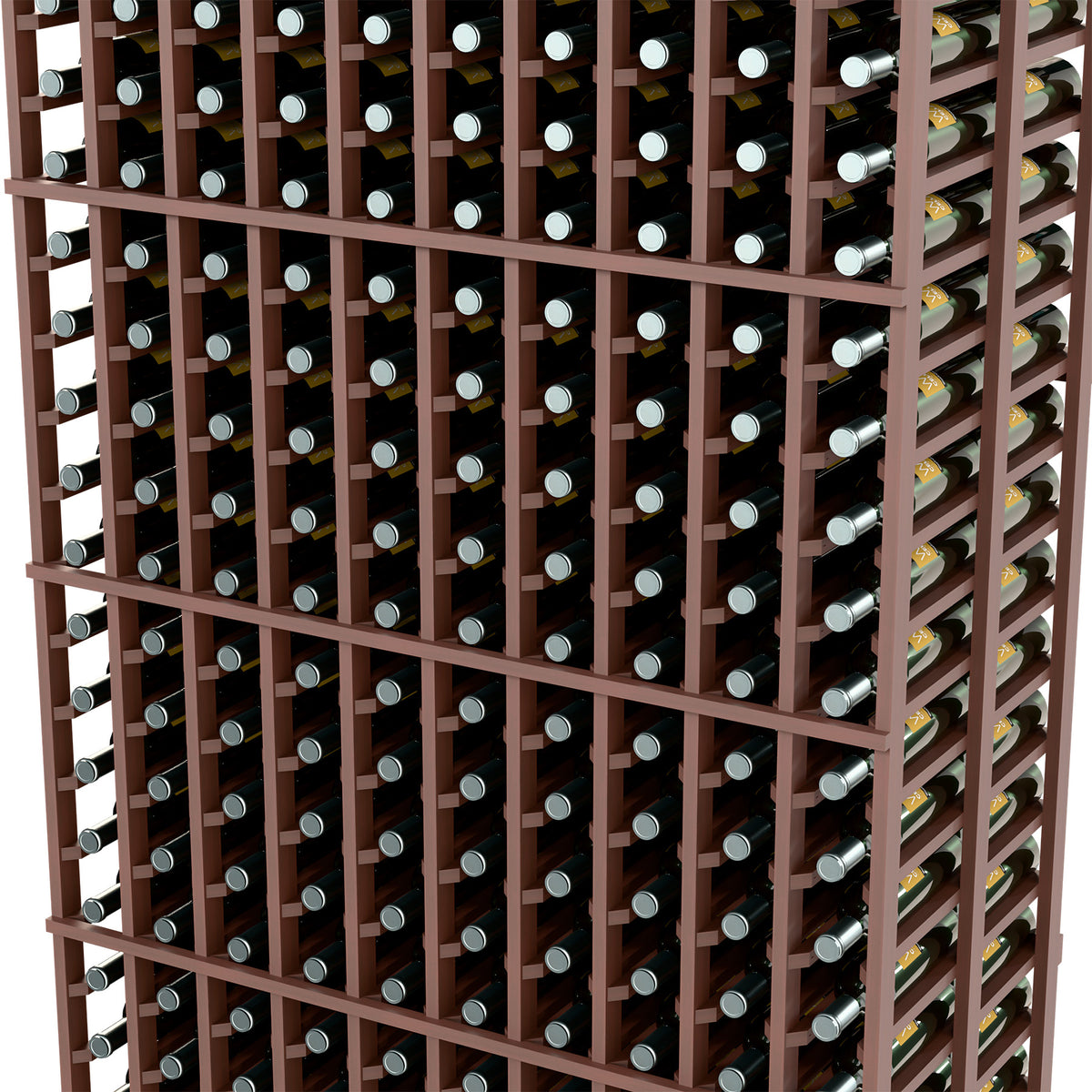 Close-up of 10-column double deep wine rack, dark wood grid and bottle caps