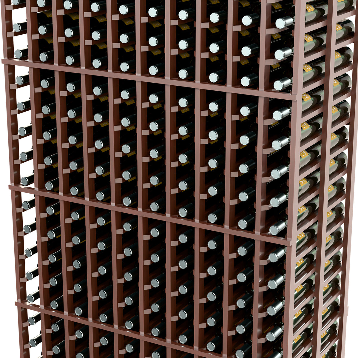 Wine storage rack close-up, dark brown double-deep bottle holders in grid