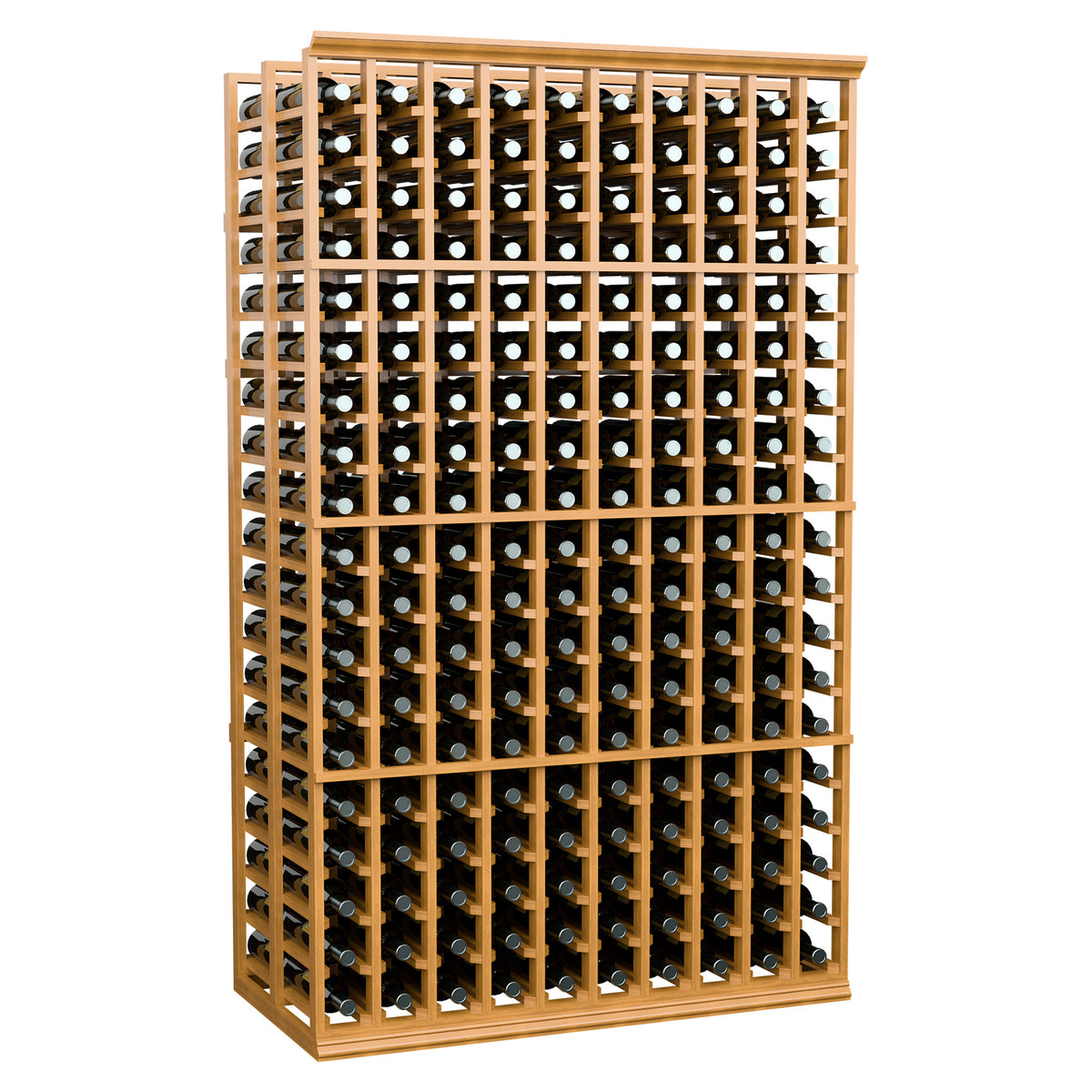 Wine storage rack, light wood 10-column double-deep frame, front view with bottle slots