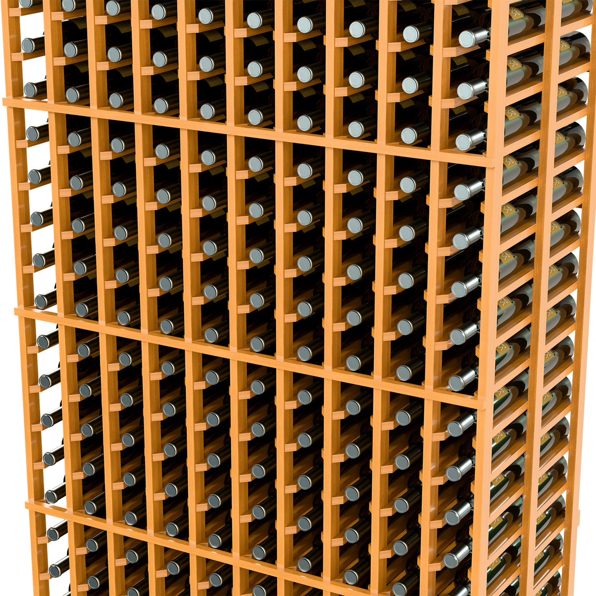 Wine storage rack close-up, light wood grid holding rows of wine bottles