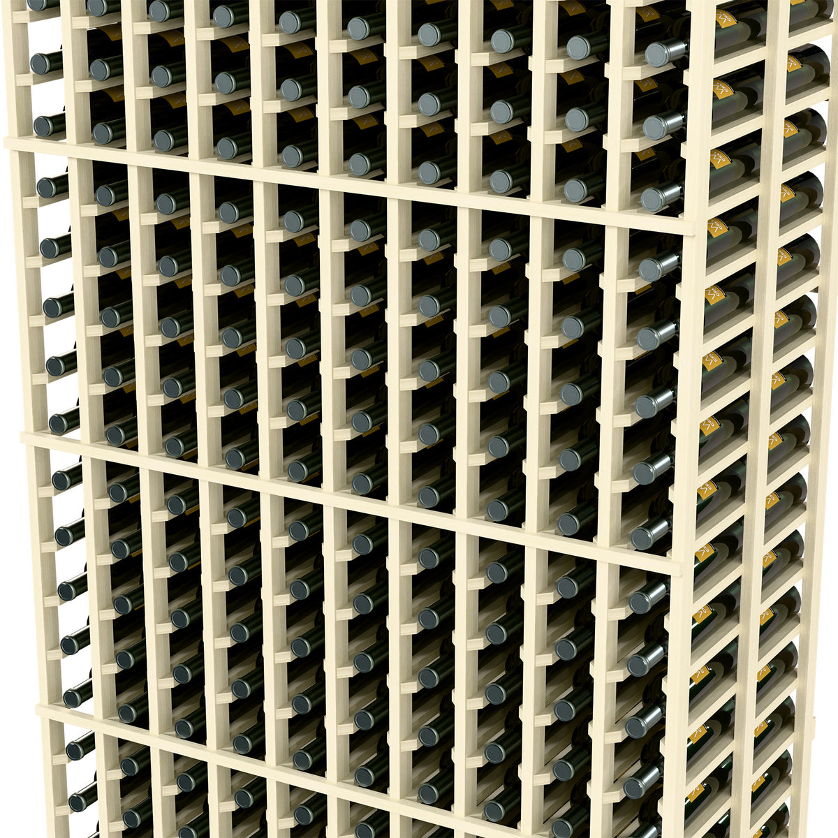Wine storage rack close-up, white double-deep bottle holders in grid