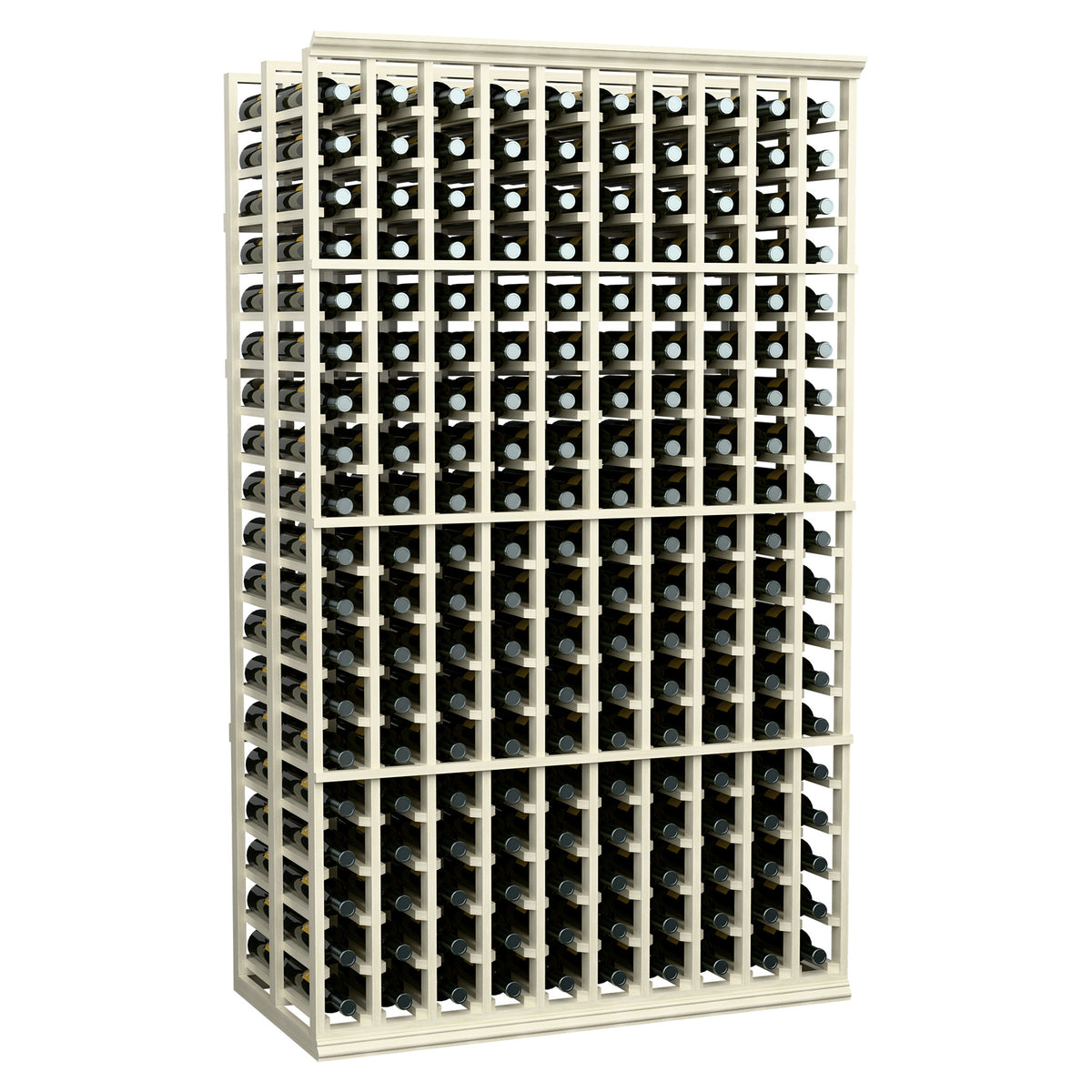Wine storage rack, white-finished 10-column double-deep frame, front view with bottle slots