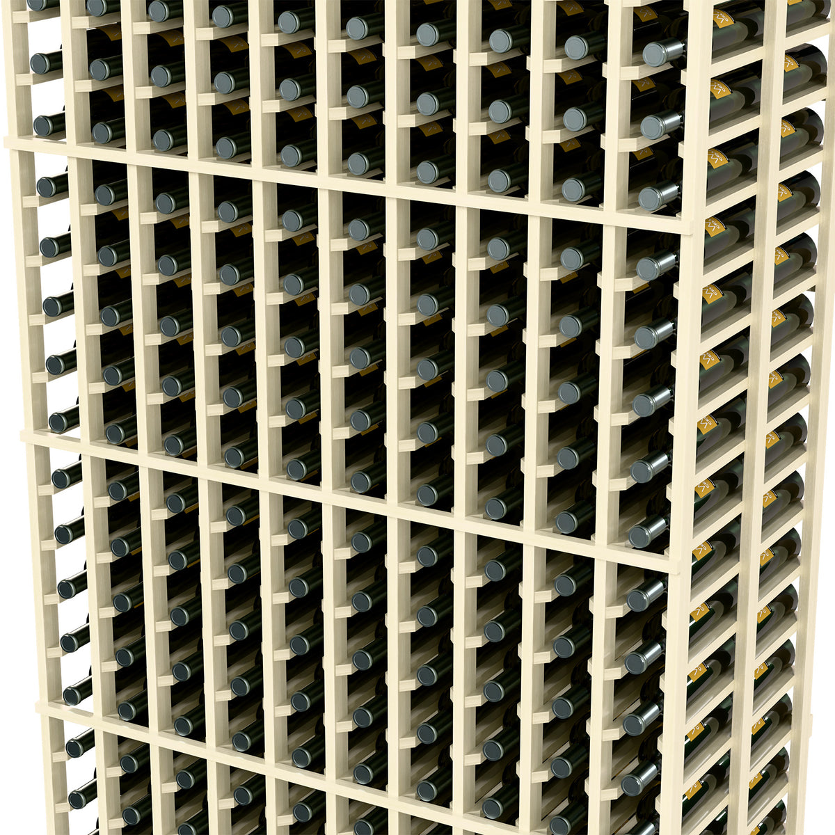 Wine storage rack close-up, white grid holding rows of wine bottles
