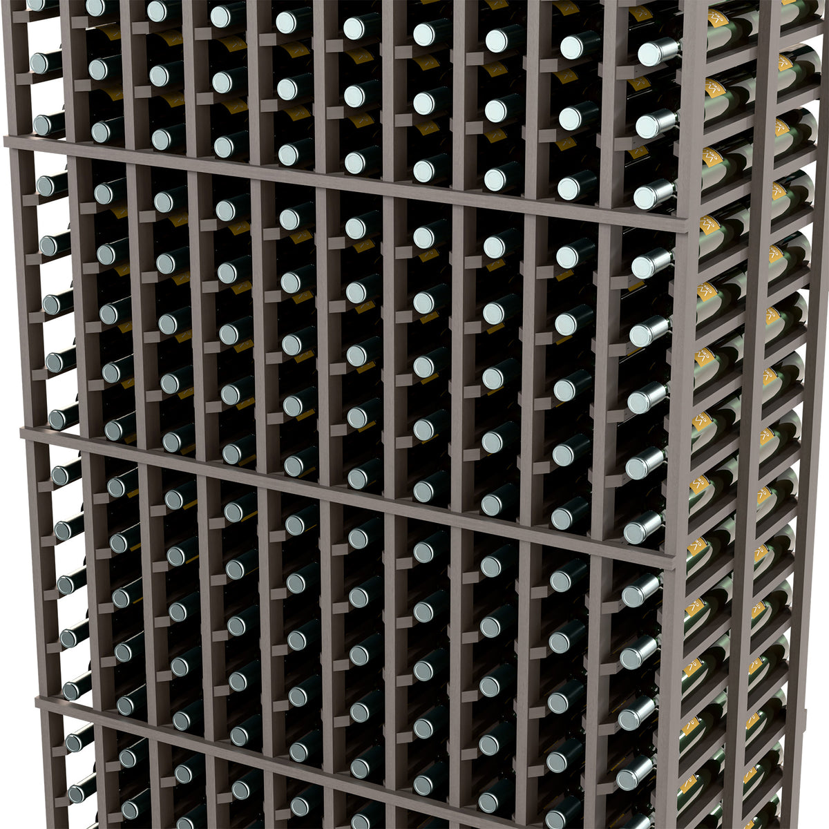 Close-up of black 10-column double-deep wine rack with bottle slots