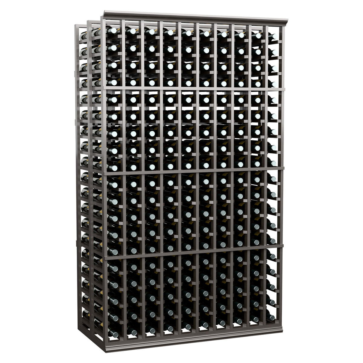 10-column double-deep wine bottle rack, black frame, 6-ft angled view