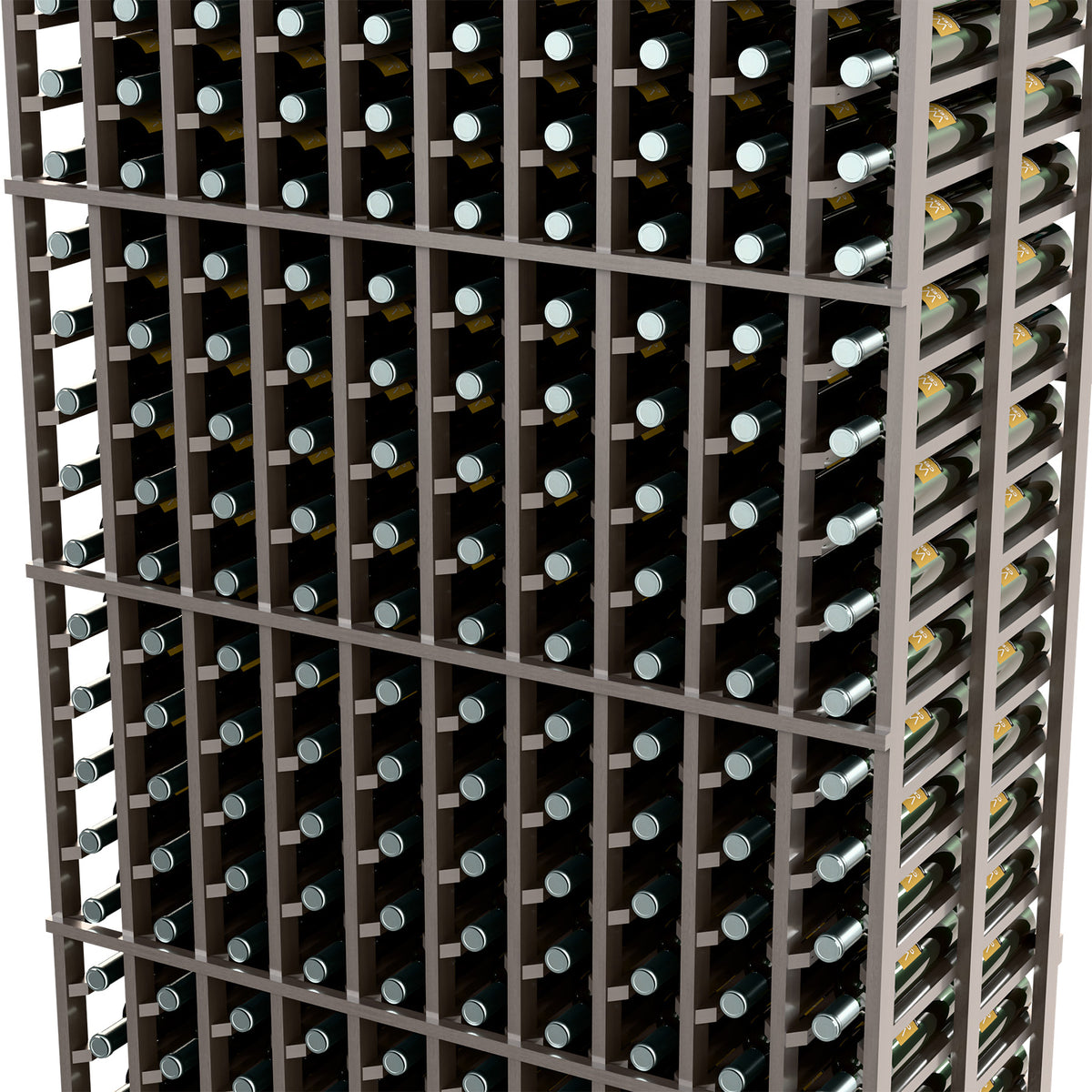 Close-up of black 10-column double-deep wine rack grid and bottle holders
