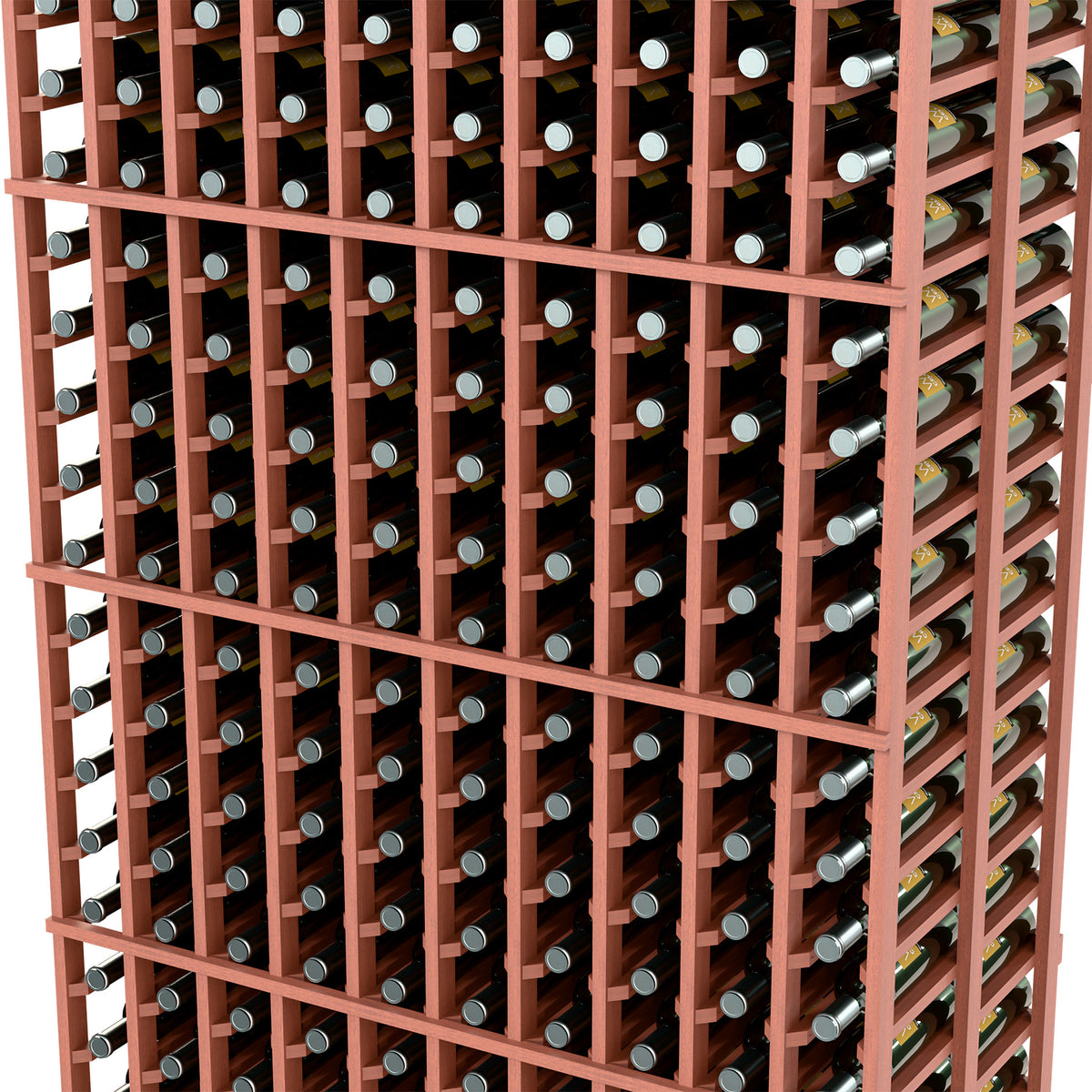 Close-up of reddish-brown 10-column double-deep wine rack with bottle slots