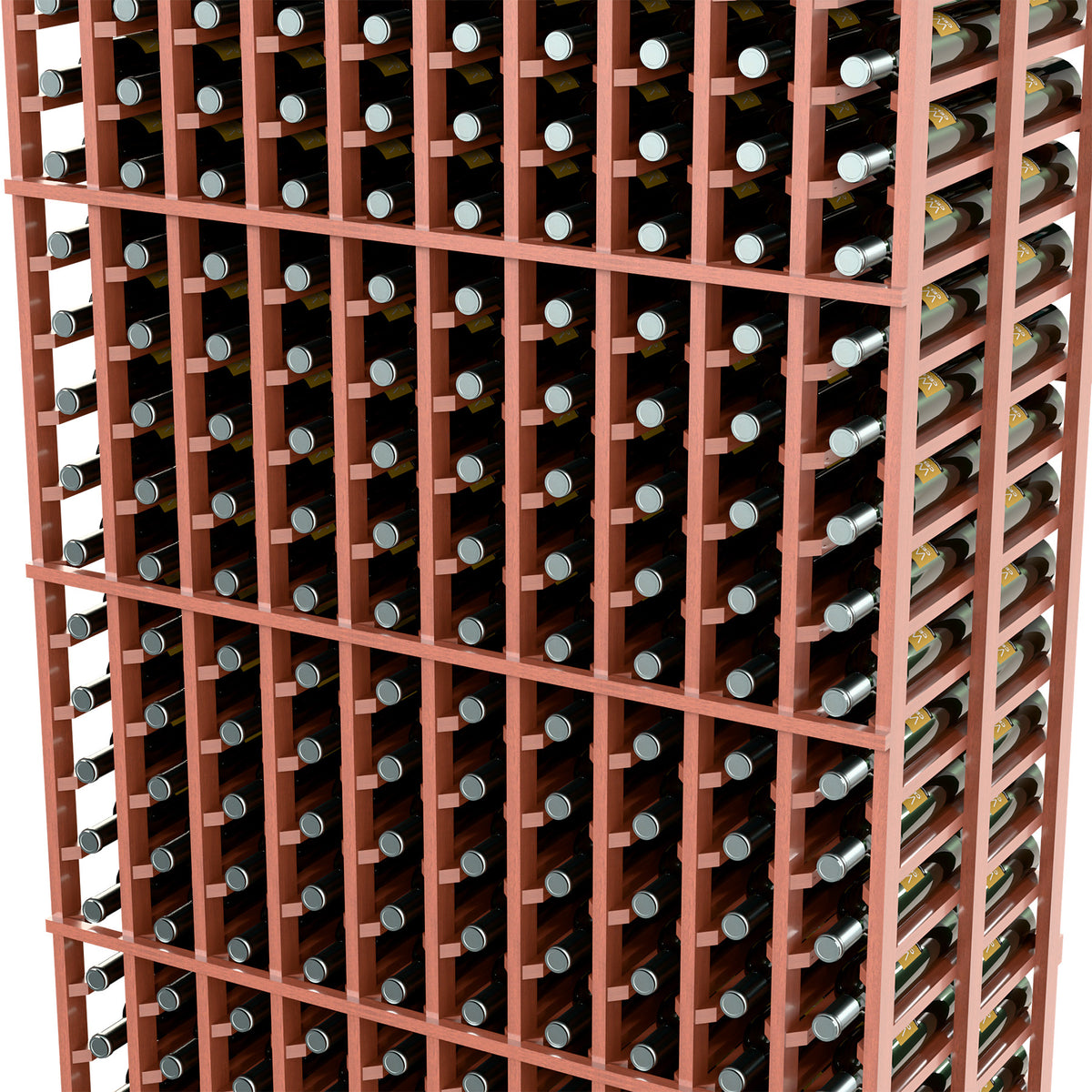 Close-up of reddish-brown 10-column double-deep wine rack grid and bottle holders