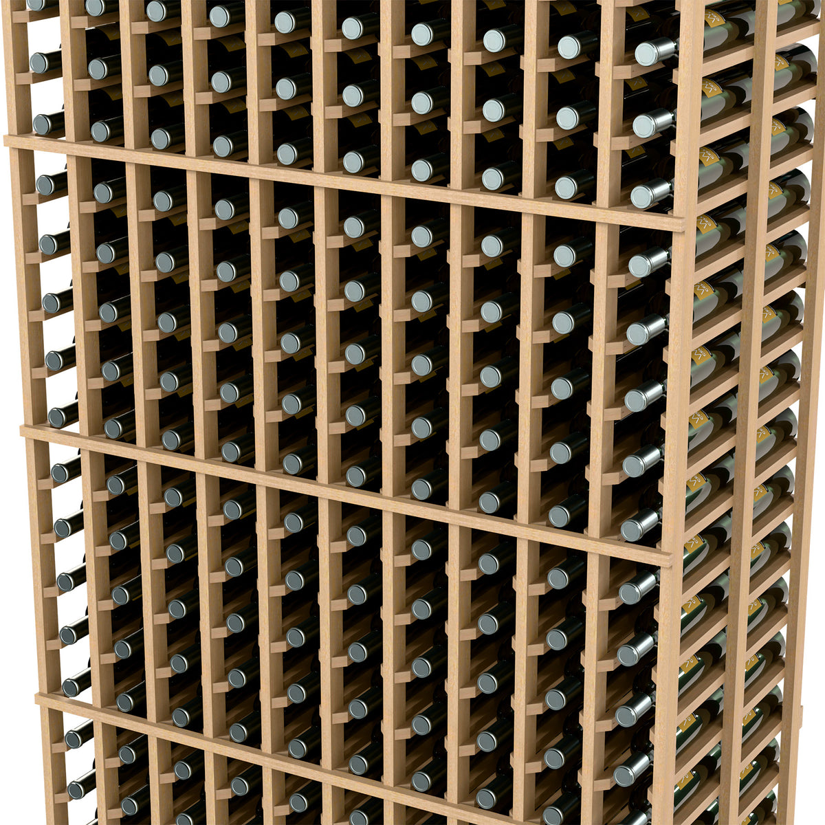 Close-up of light beige 10-column double-deep wine rack with bottle slots