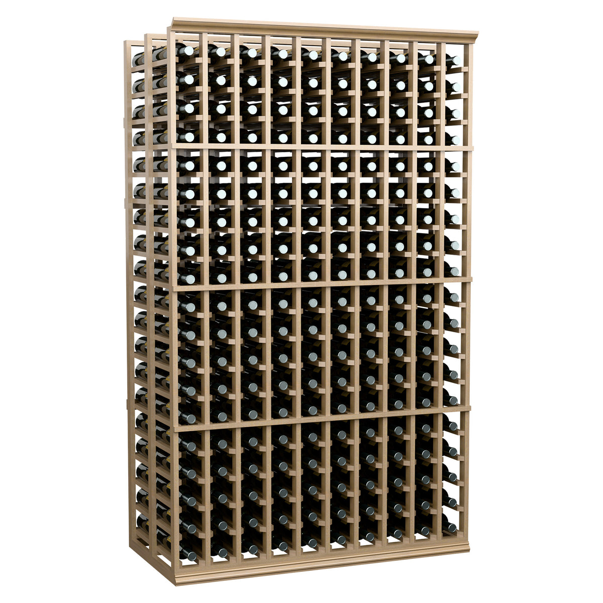 6-ft double-deep wine rack, 10-column, bottle holders in grid, light wood frame.