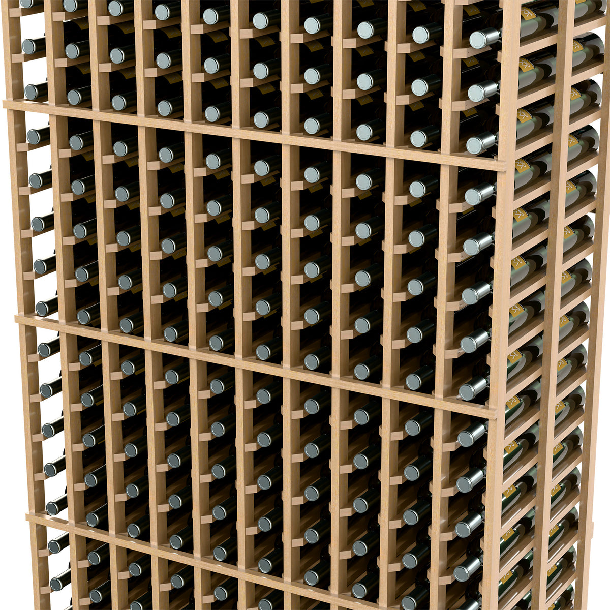 Close-up of light wood wine rack with round bottle holders in a 10-column grid.