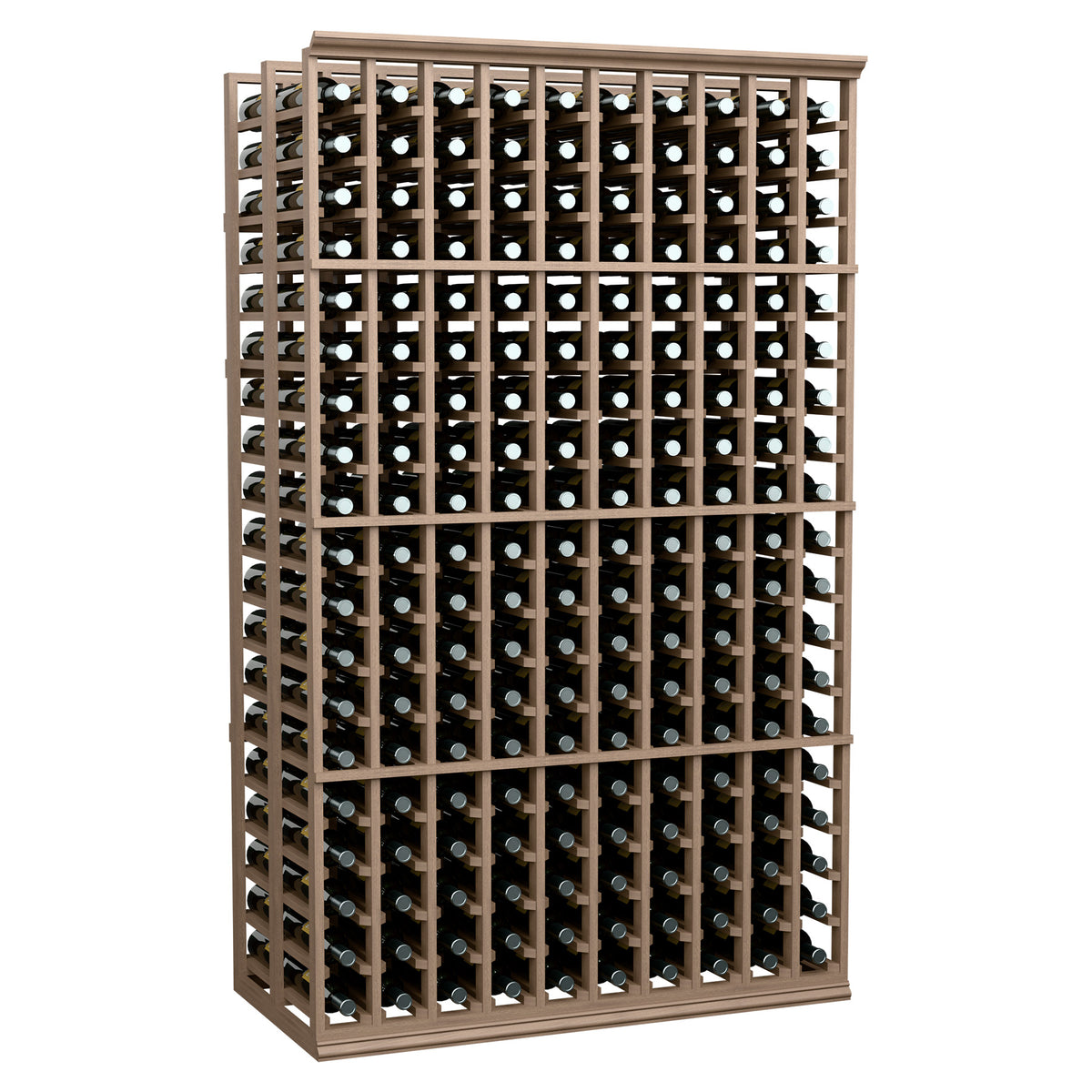 Front view of 6-ft double-deep wine rack, 10-column, light wood frame and bottle grid.
