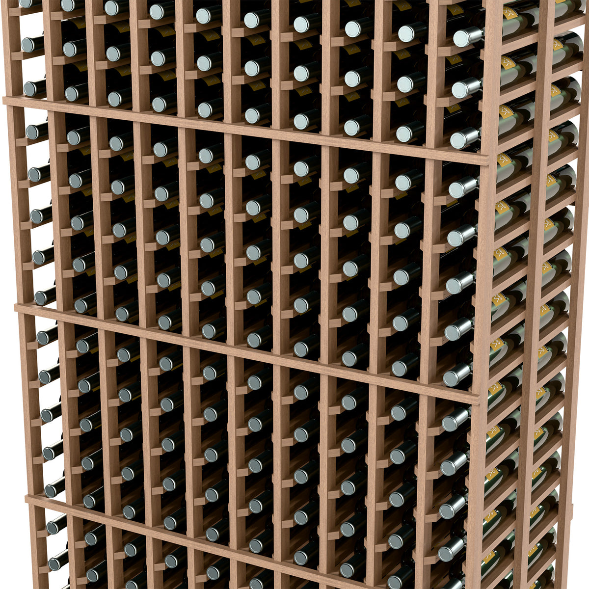 Side close-up of light wood wine rack showing round bottle holders in a 10-column grid.