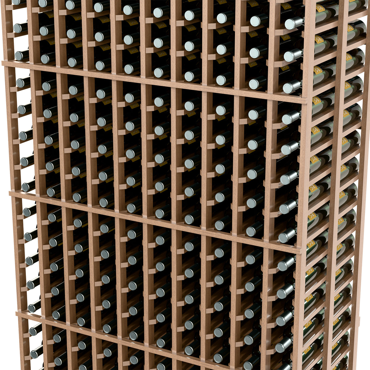 Close-up of light wood double-deep wine rack with round bottle holders in rows.