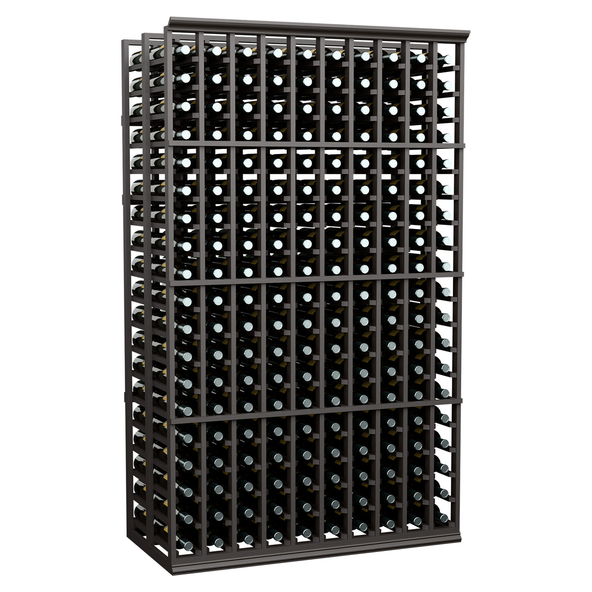Front view of 6-ft double-deep wine rack, 10-column, dark frame and bottle grid.