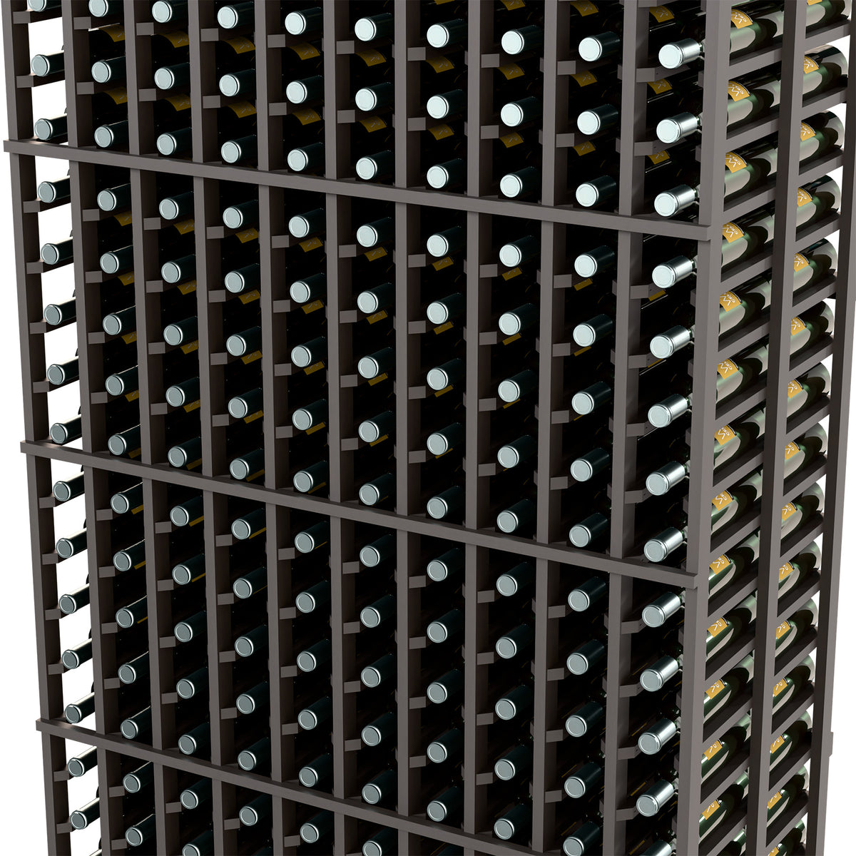 Close-up of dark wine rack with round bottle holders in a 10-column grid.