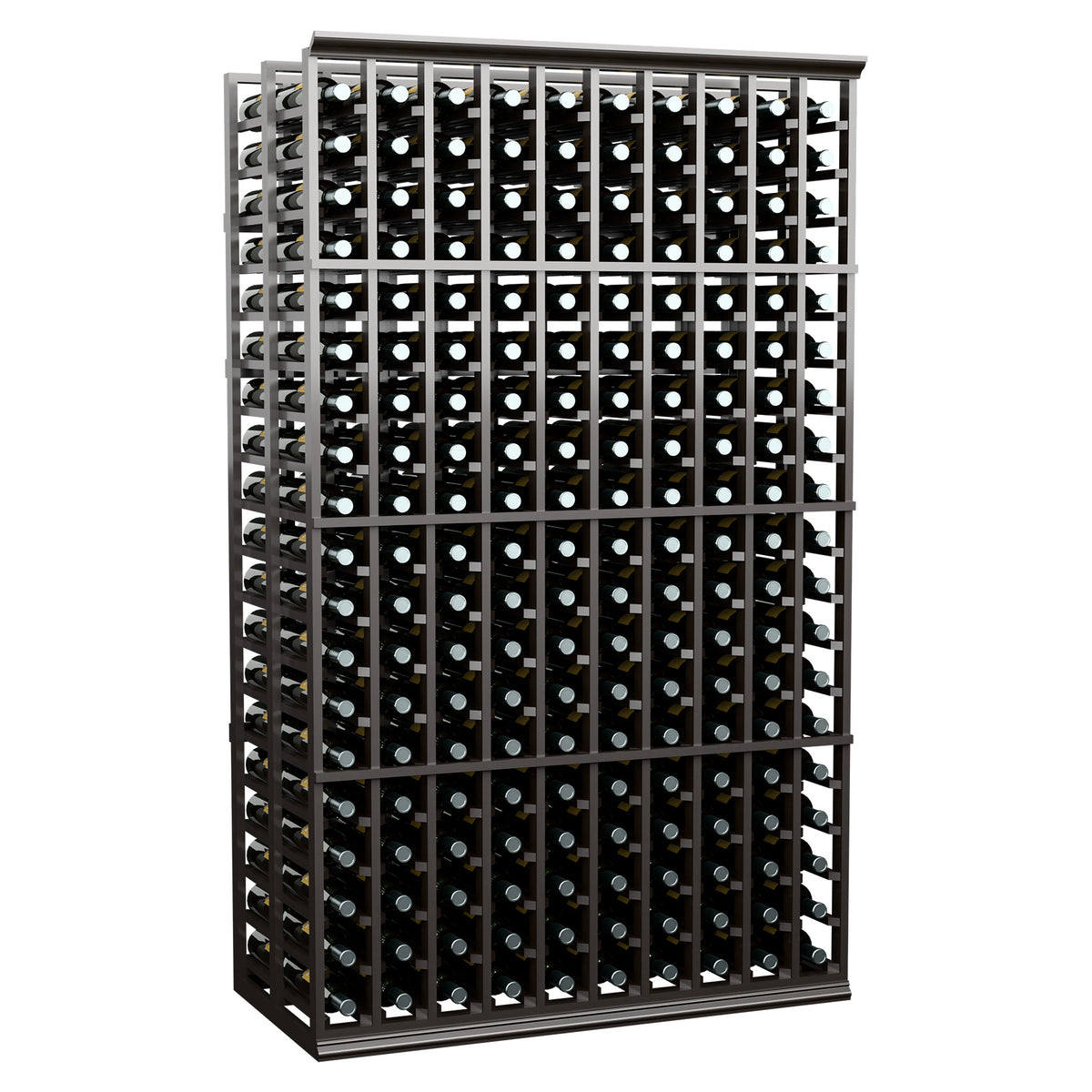 6-ft double-deep wine rack front, 10-column grid with round bottle holders, dark frame.