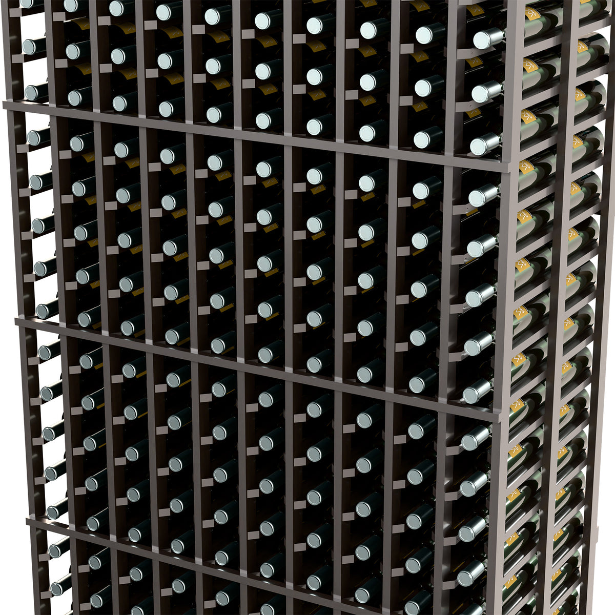 Side close-up of dark double-deep wine rack with round bottle holders in rows.