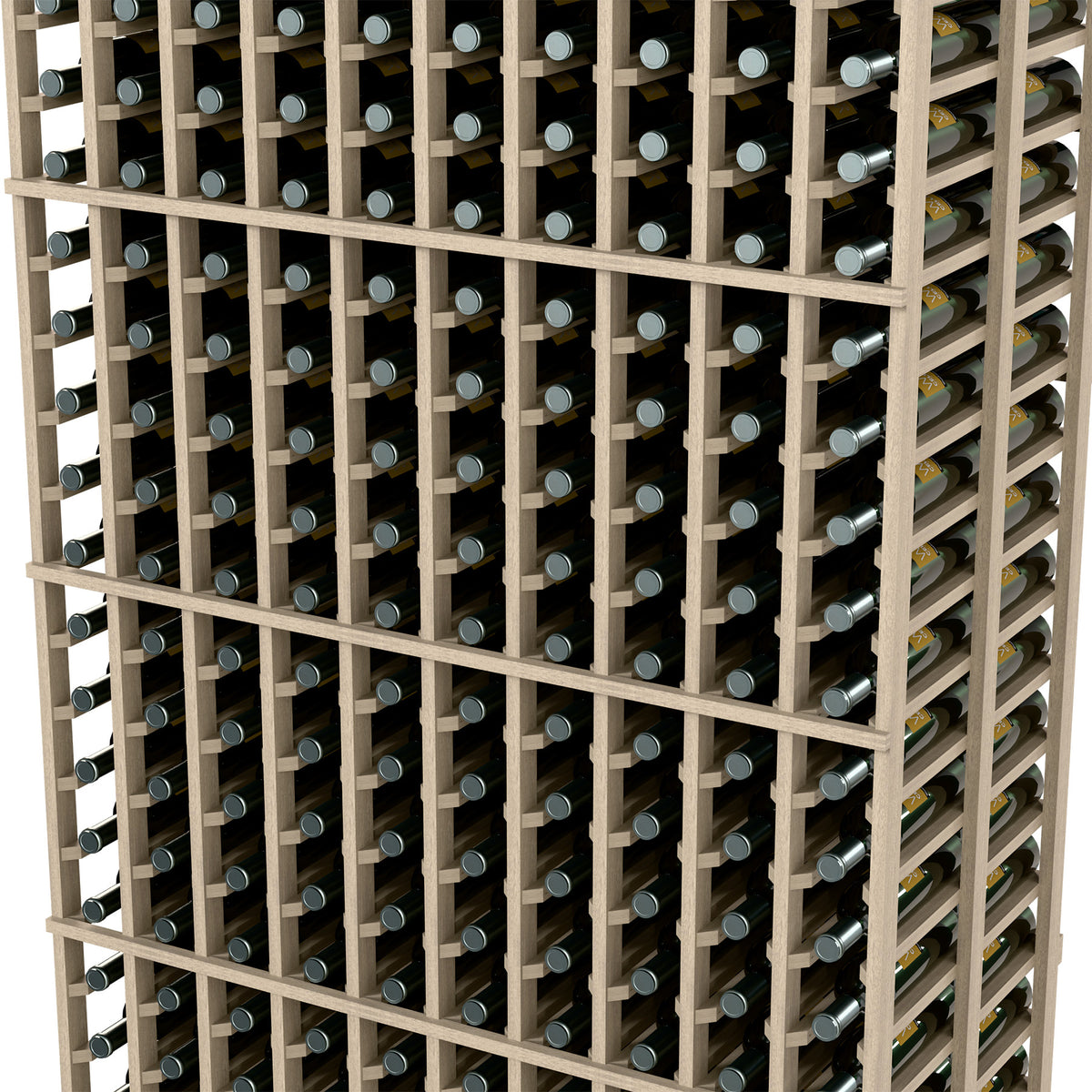 Close-up of wine bottle slots in a double-deep dark wood rack