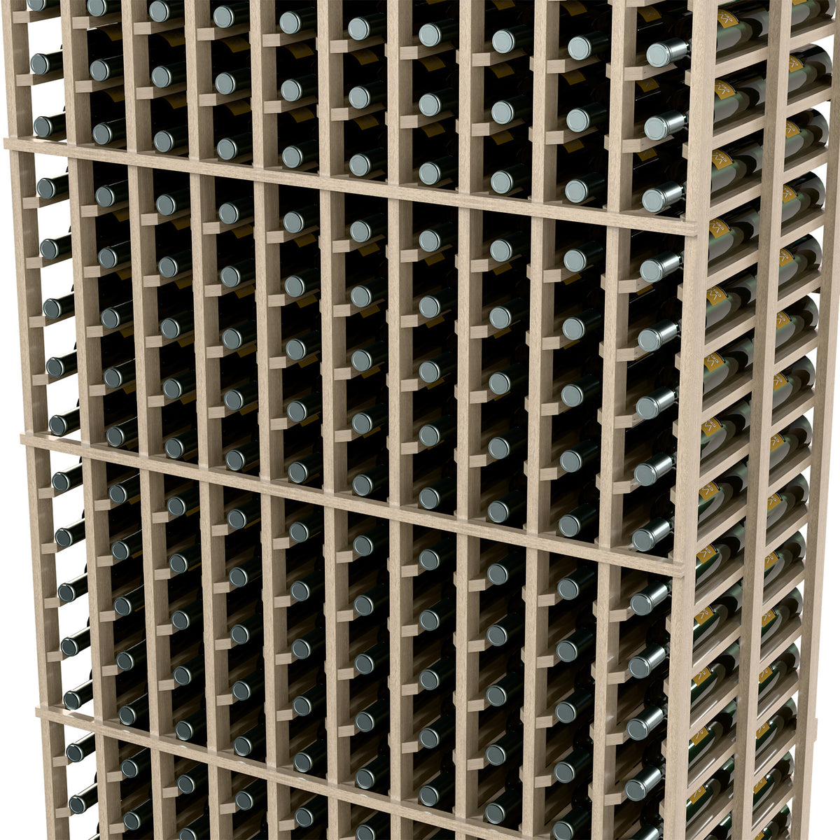 Close-up of wine bottle slots in a double-deep dark wood rack