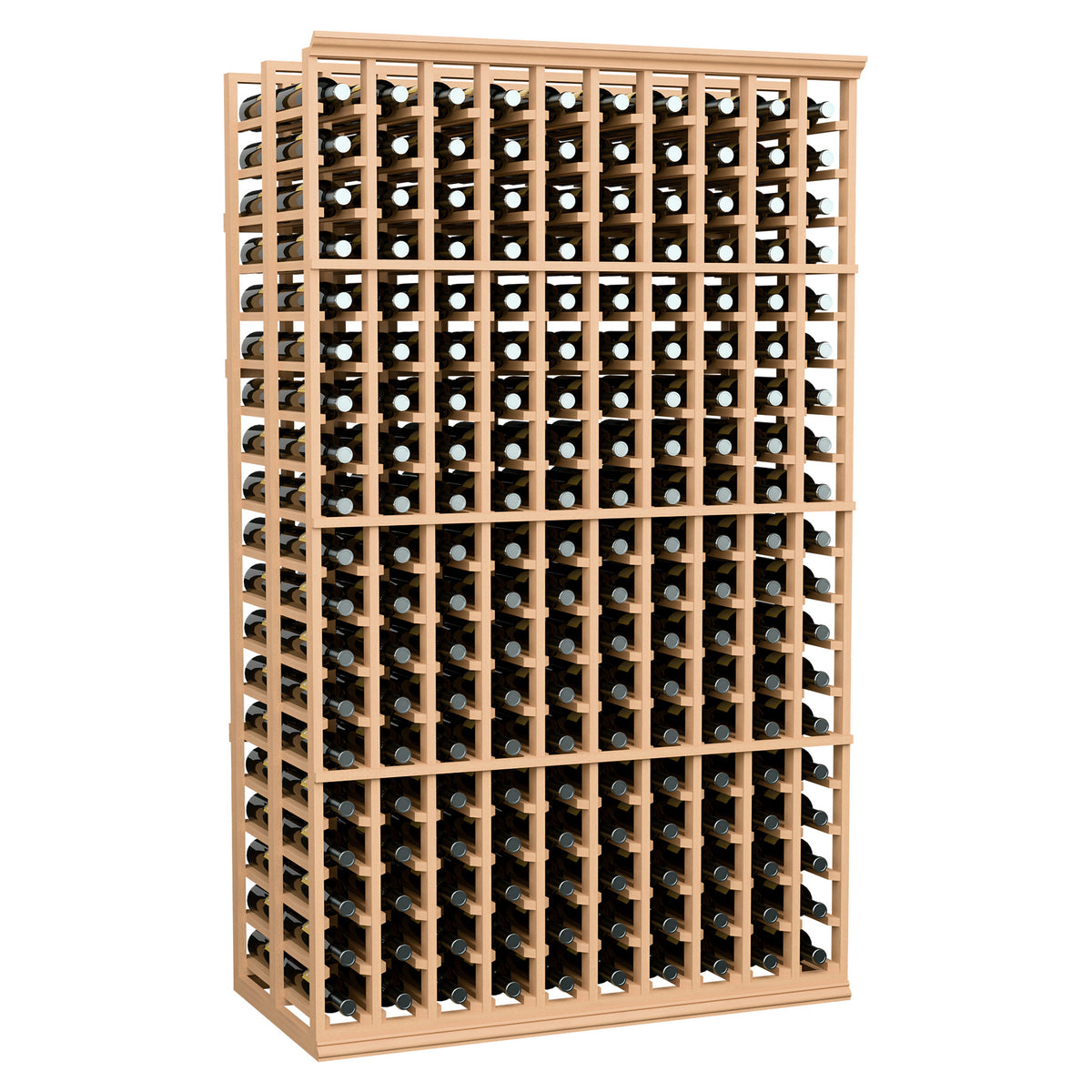 6ft double-deep wine rack with light wood frame and front bottle rows