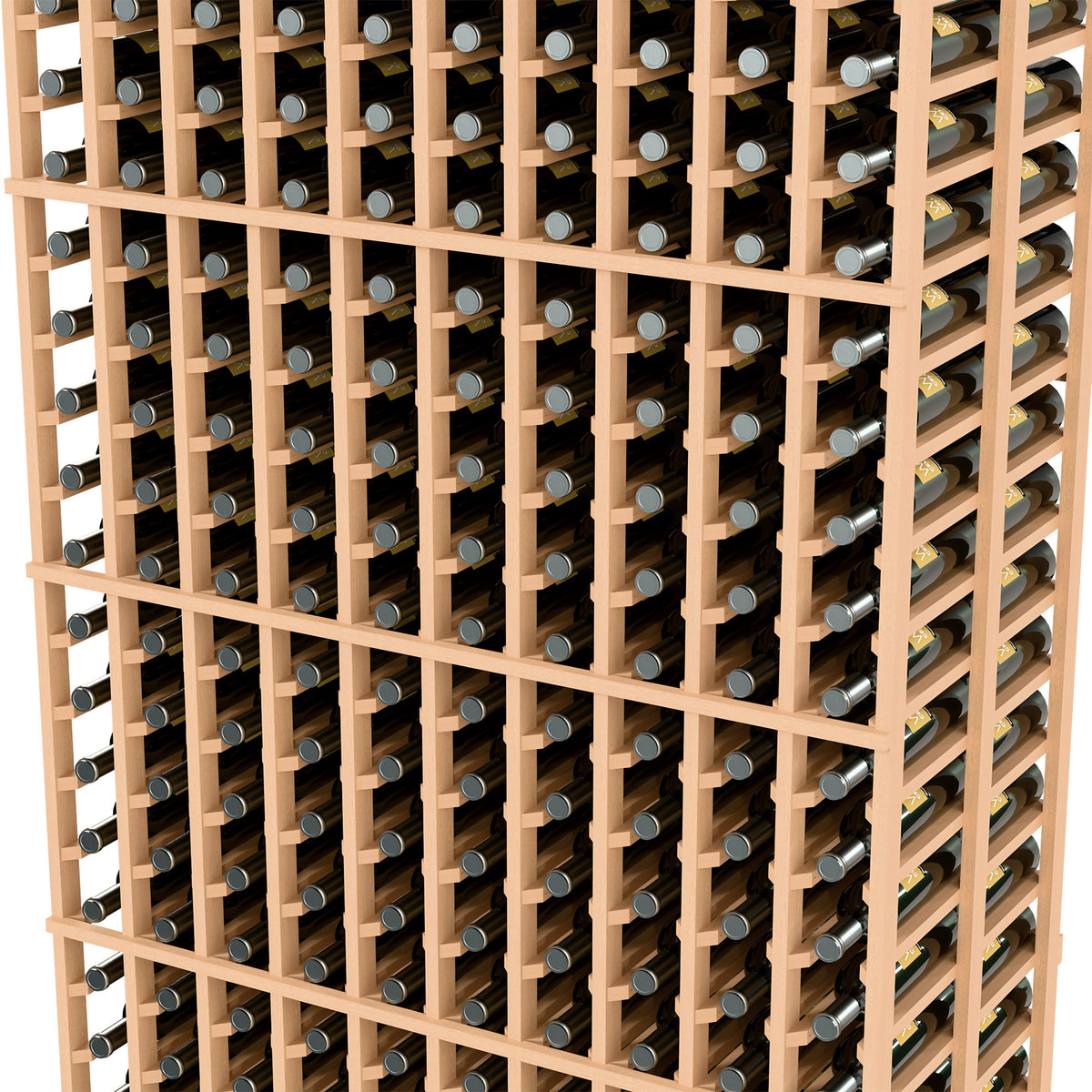 Close-up of wine bottle slots in a double-deep light wood rack
