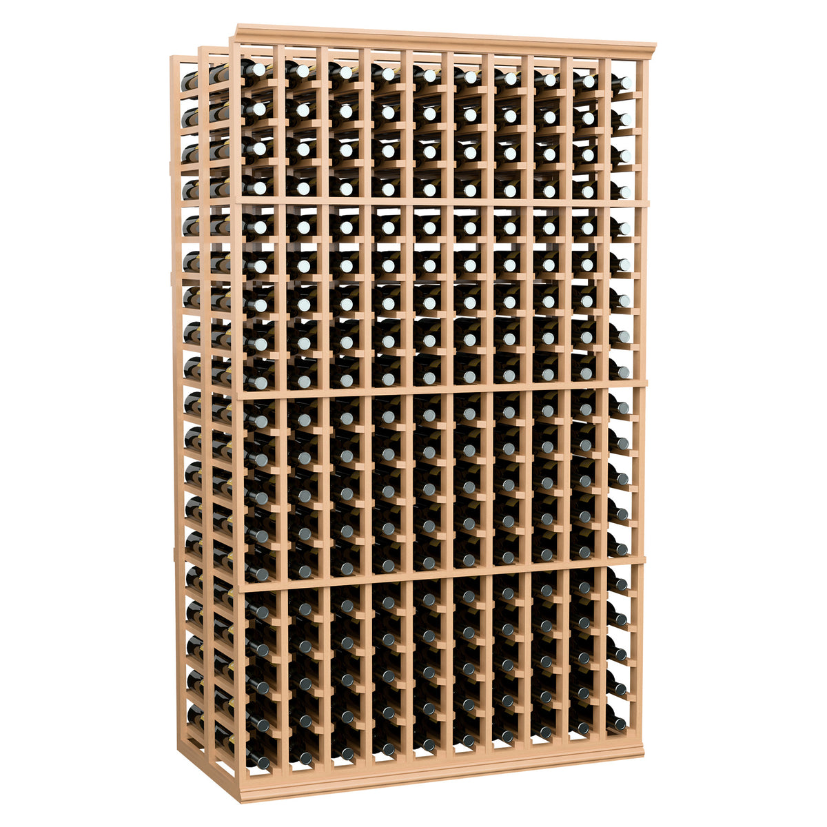 6ft double-deep wine rack with light wood frame and front bottle rows