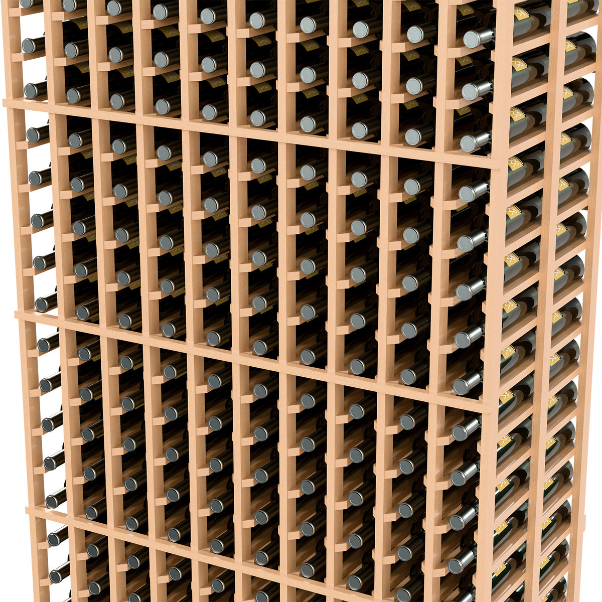 Close-up of wine bottle slots in a double-deep light wood rack