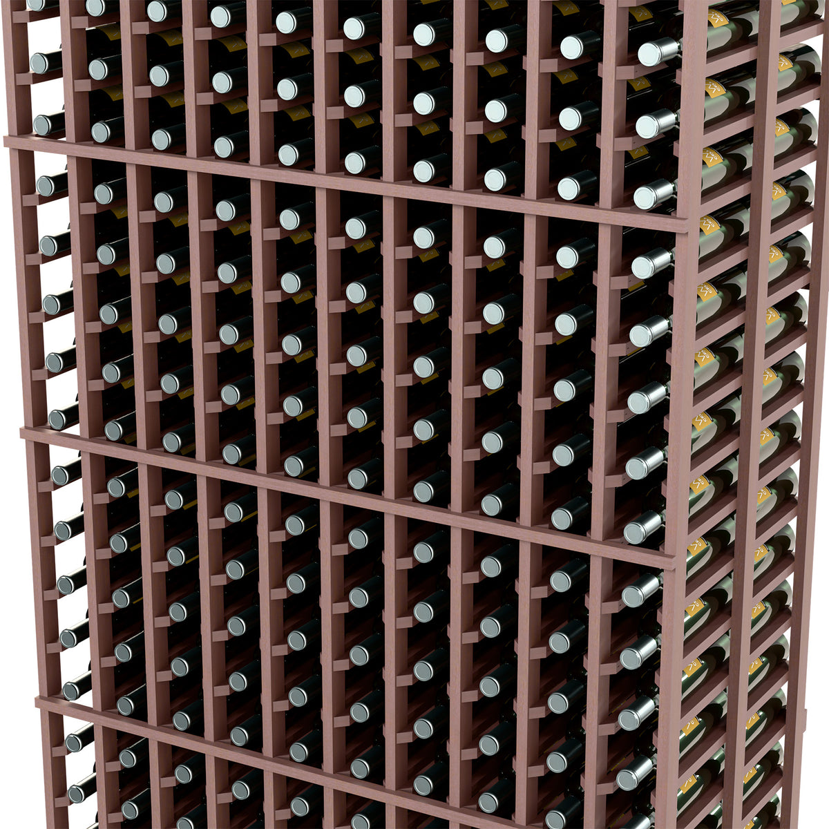 Close-up of wine bottle slots in a double-deep dark wood rack